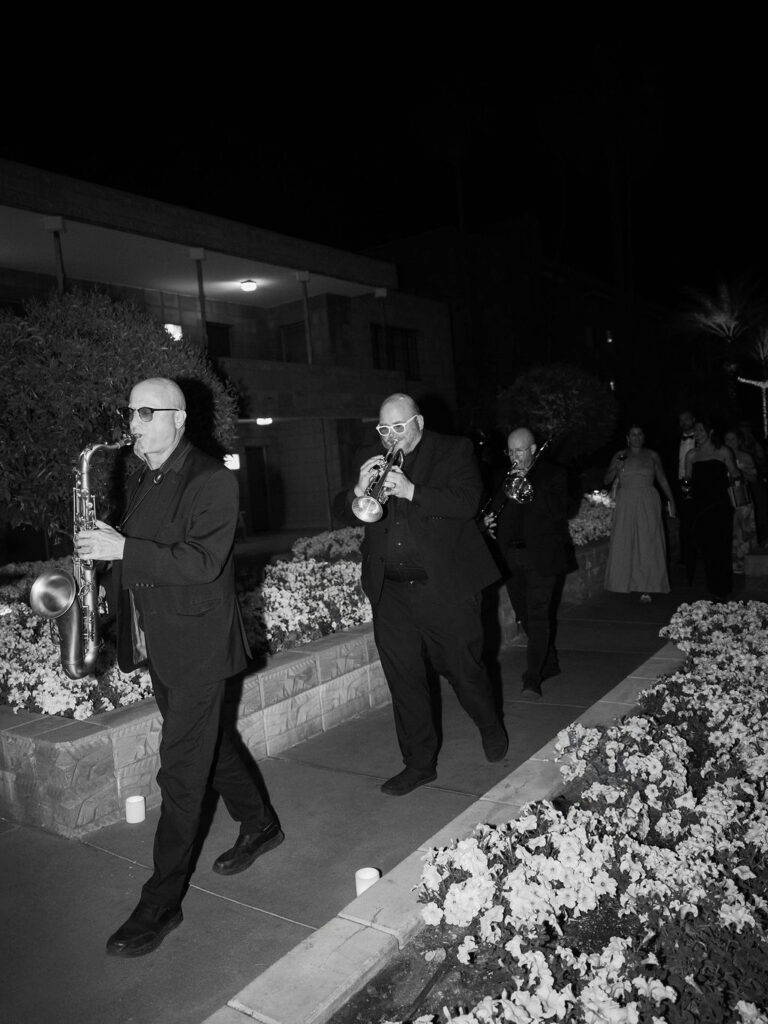 Black and white wedding band live music outdoor reception