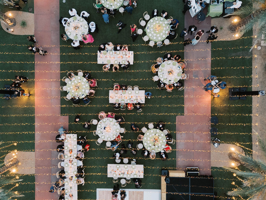 Overhead aerial view of outdoor Arizona wedding reception