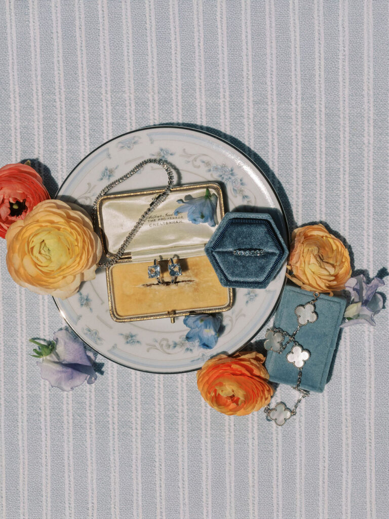 Luxury wedding invitation suite with florals and ring box