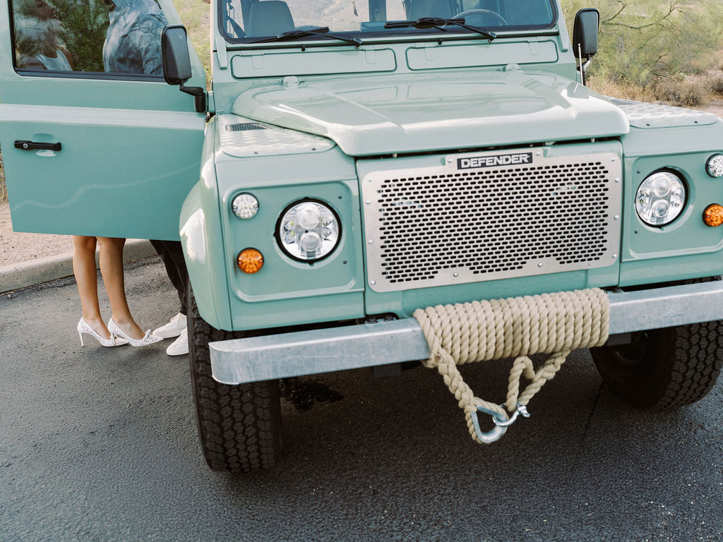 Vintage Land Rover desert engagement photos Arizona