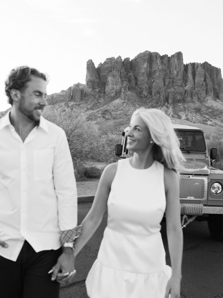 Documentary-style Arizona engagement photography black and white
