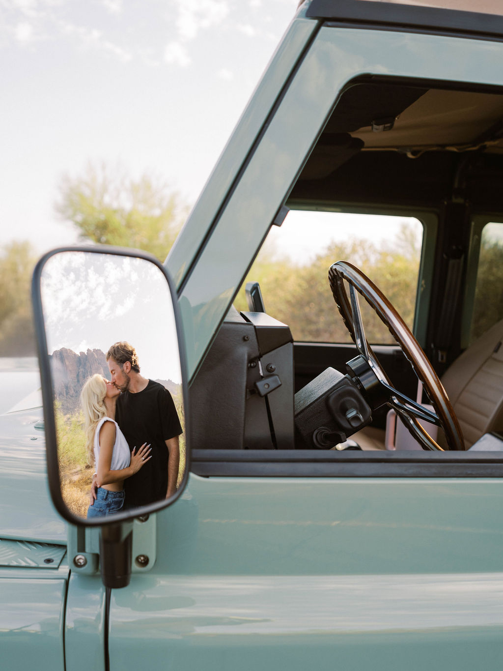 Arizona engagement photography Land Rover reflection