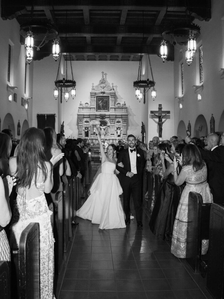 Bride walking down the aisle at Brophy Chapel Arizona