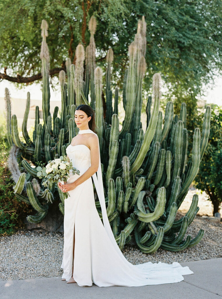 Bride wedding portrait in front of cactus at Camelback Inn
