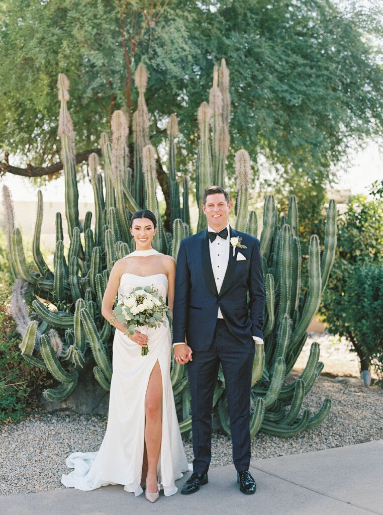 Bride and groom wedding portrait in Camelback Inn cactus garden