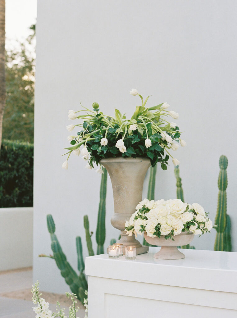 White floral centerpiece with cactus decor at Andaz Scottsdale.