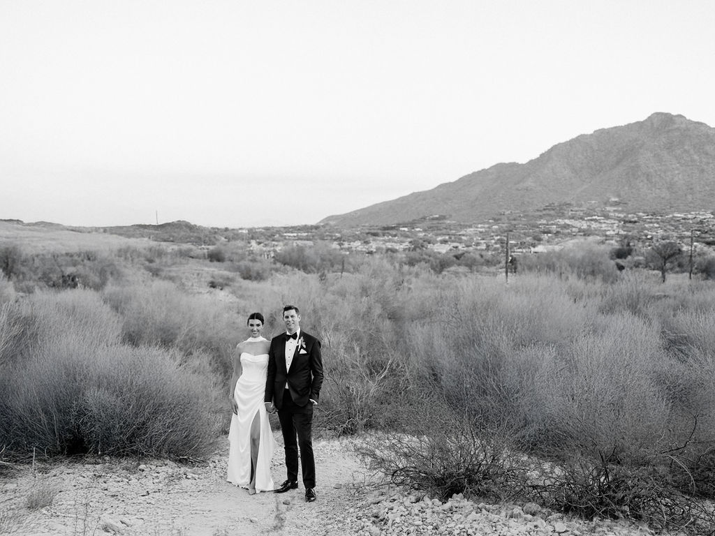 Black and white portrait of couple at Camelback Inn desert wedding