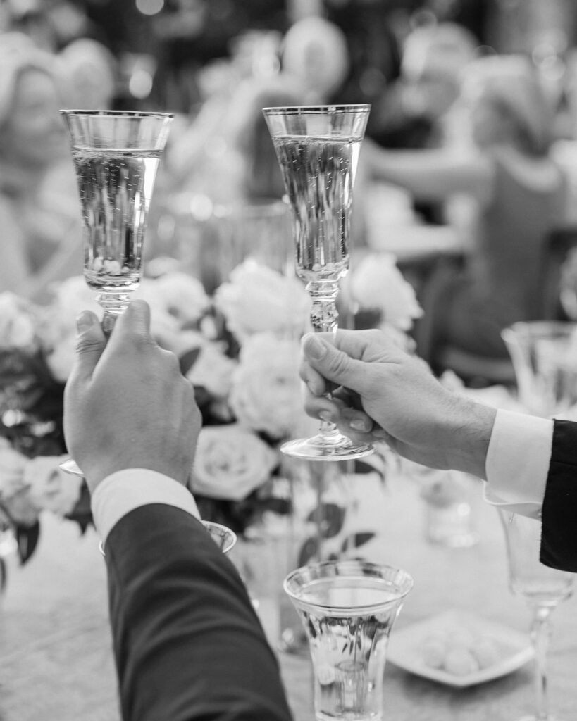 Black and white champagne toast at Arizona wedding