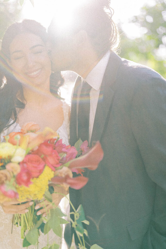 Bride and groom portrait in garden setting at El Chorro.