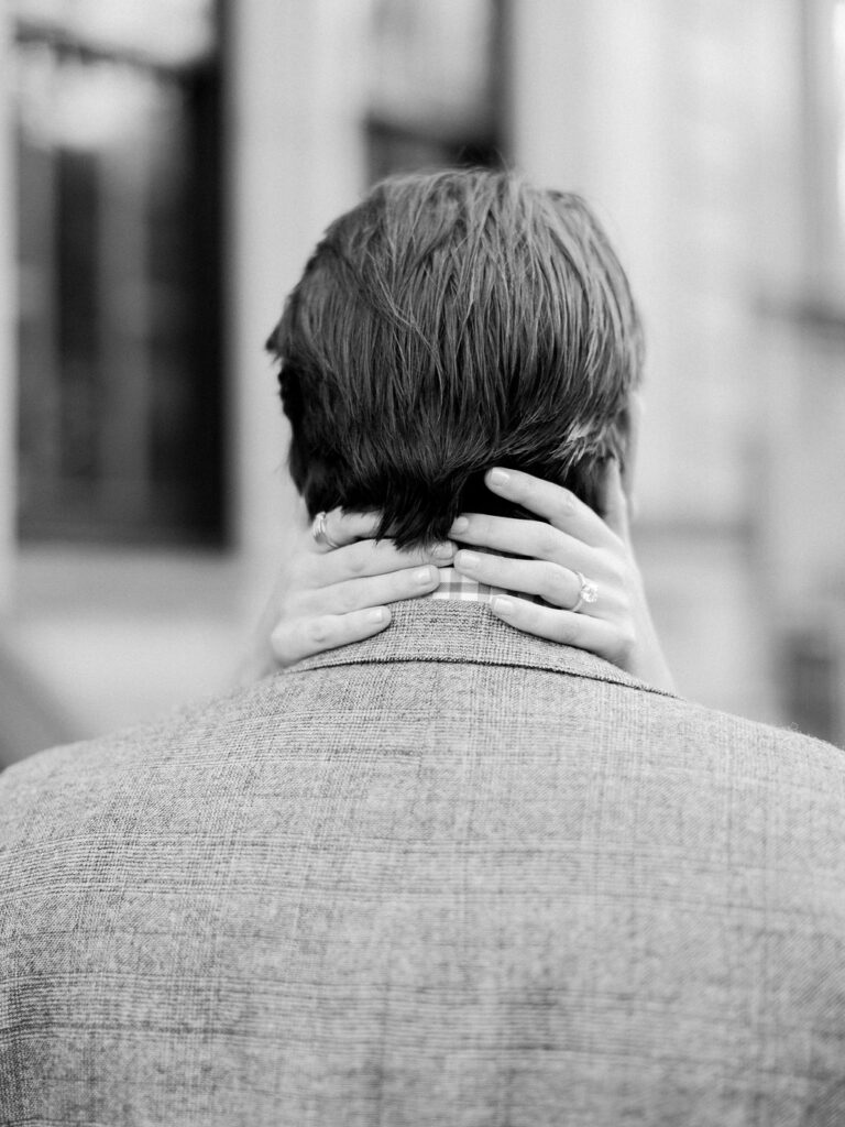 Black and white NYC fall engagement detail photo