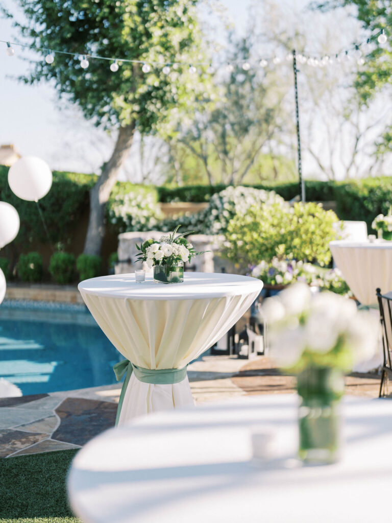 Cocktail table setup at Silverleaf Masters Golf Arizona wedding welcome party
