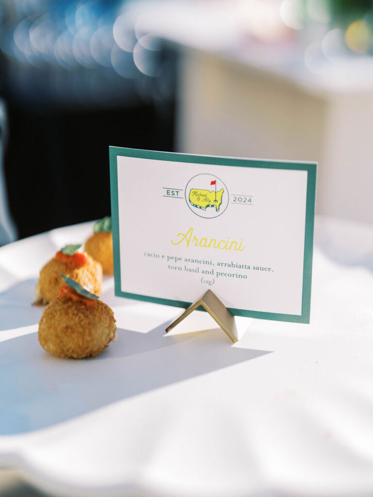 Masters Golf theme place card and hors d’oeuvres at Silverleaf Arizona wedding party