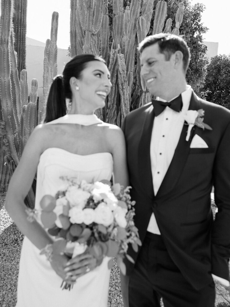 Black and white candid portrait of couple at Camelback Inn