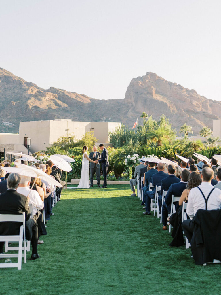 Camelback Inn wedding ceremony with Camelback Mountain view