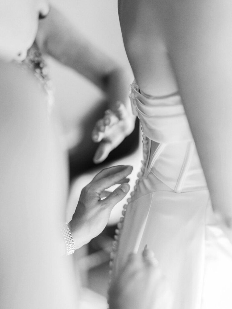 Black and white detail of bridal gown at Camelback Inn wedding