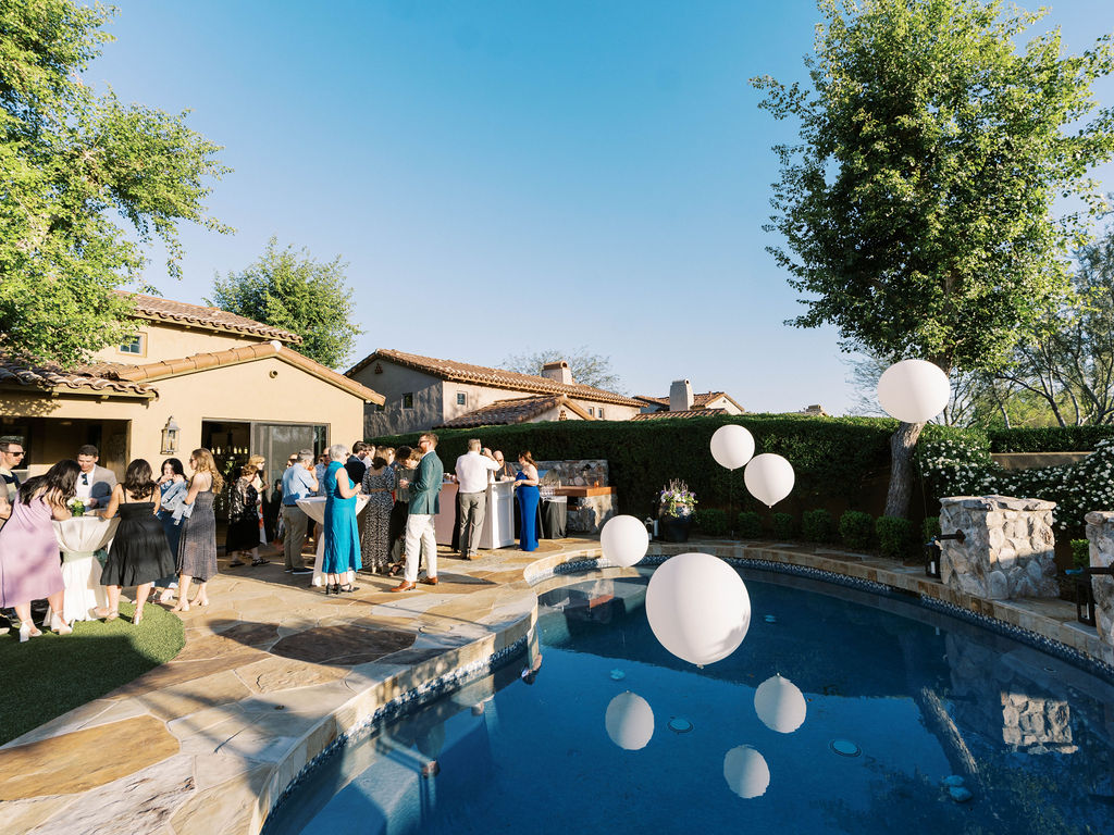 Poolside décor at Silverleaf Masters Golf wedding welcome party Arizona