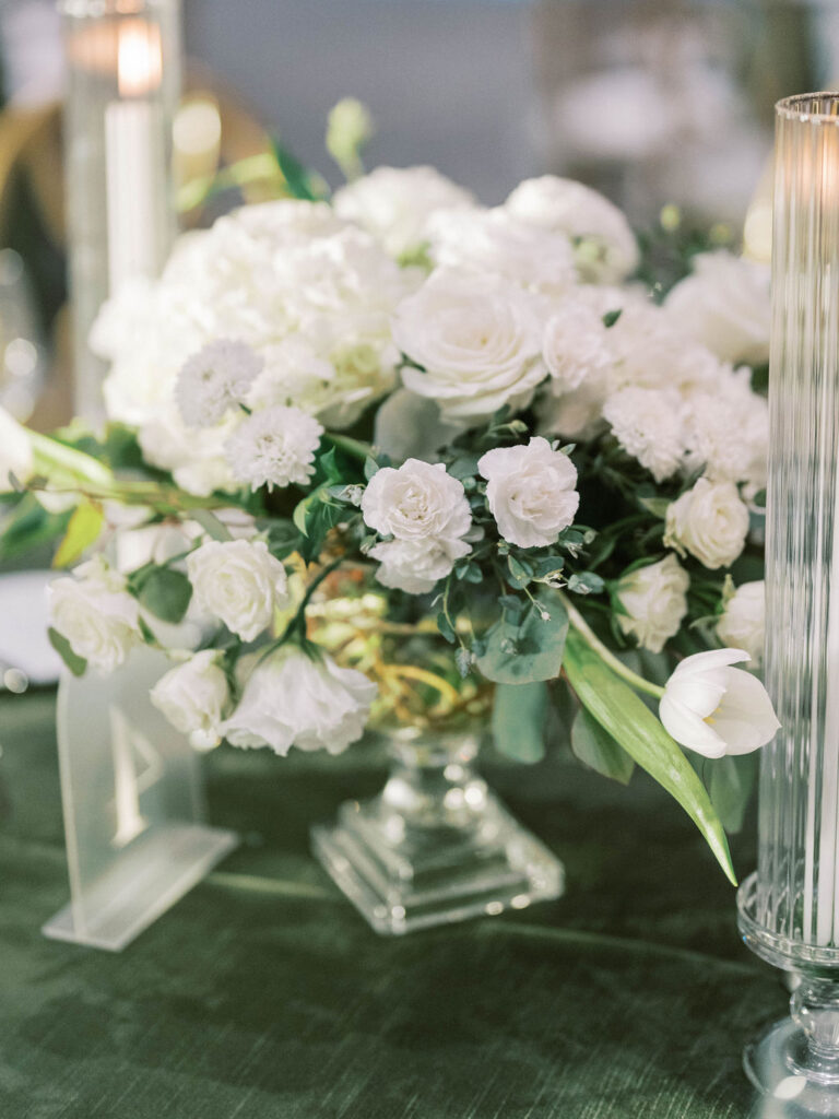 White floral centerpiece at Camelback Inn wedding reception
