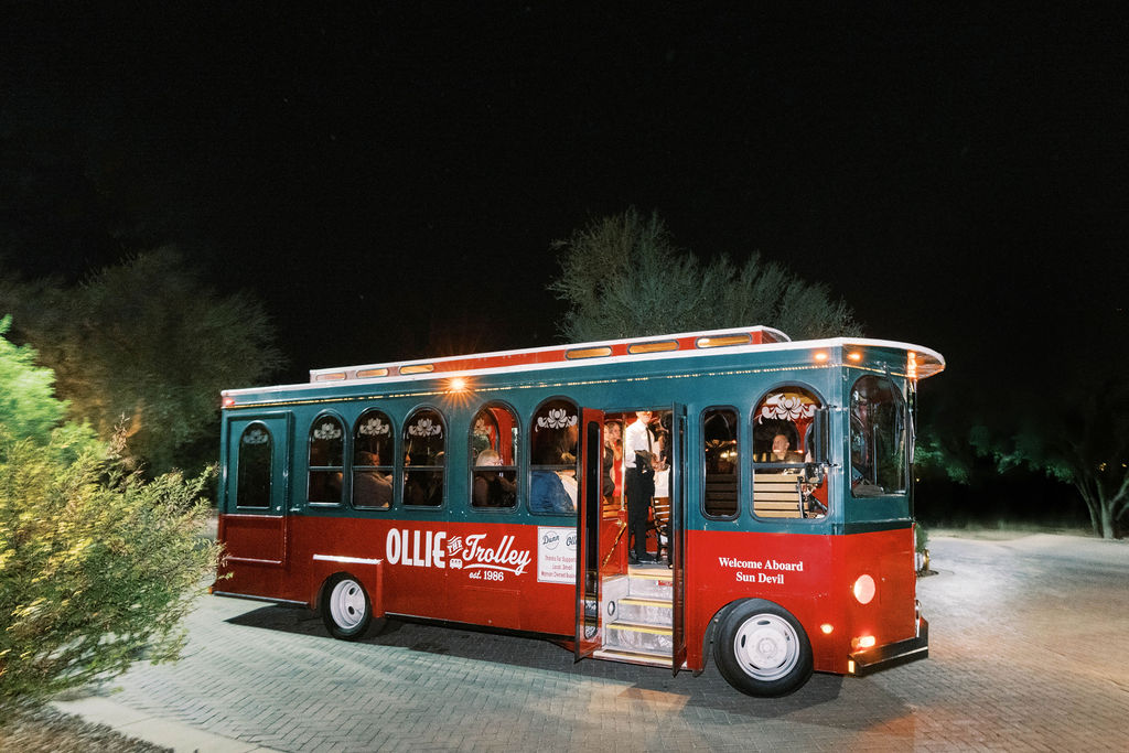 Wedding trolley outside El Chorro Scottsdale