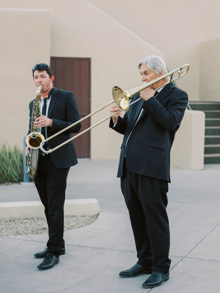 Live jazz musicians performing during a Camelback Inn wedding cocktail hour