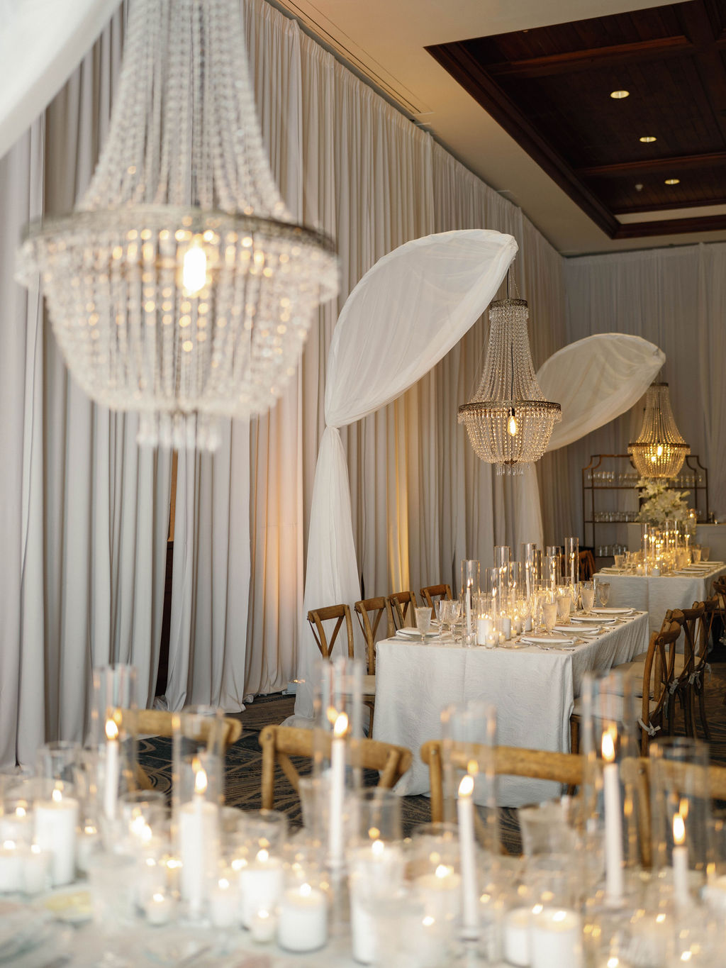Four Seasons Scottsdale ballroom reception with chandeliers and centerpieces