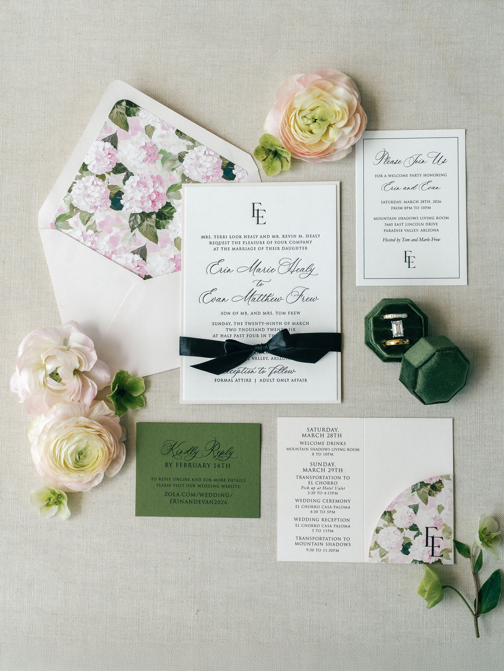 Floral invitation suite with sage green accents for El Chorro wedding by Celebrations in Paper