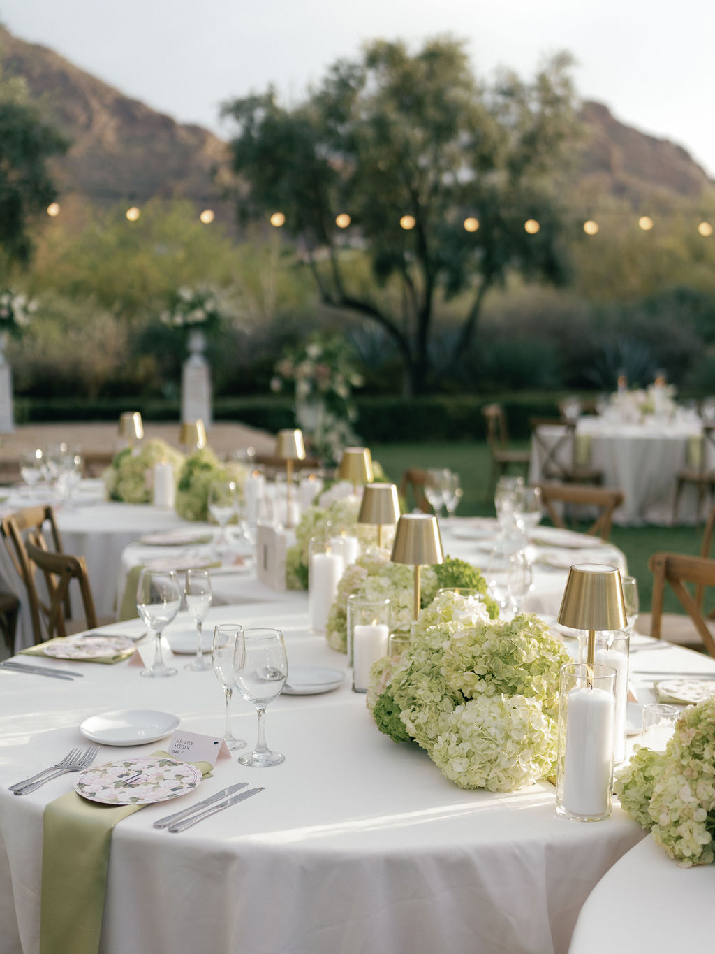 Aerial view of outdoor ceremony on the lawn at El Chorro with Camelback Mountain
