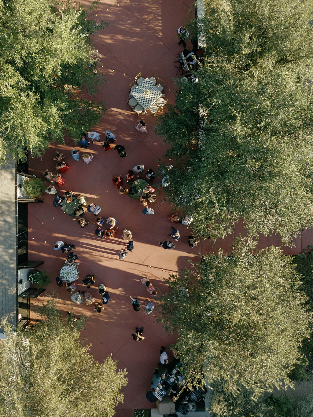 Aerial view of cocktail hour on the Casa Paloma patio