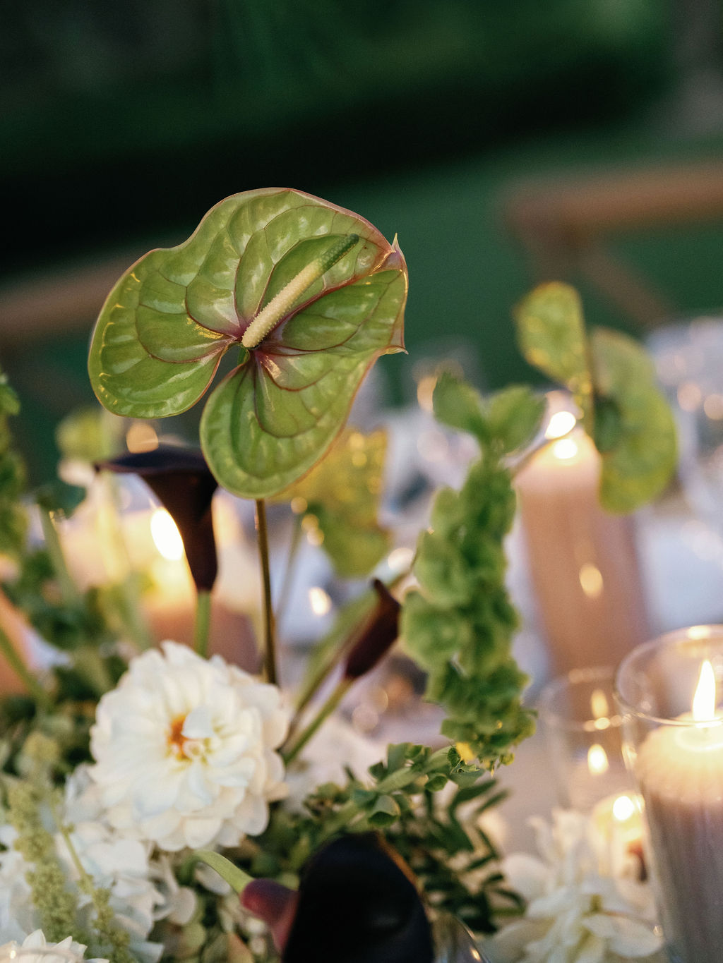 Anthurium centerpiece detail on the reception table