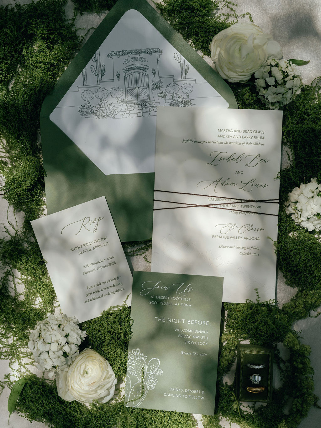 Wedding invitation suite laid out before the ceremony