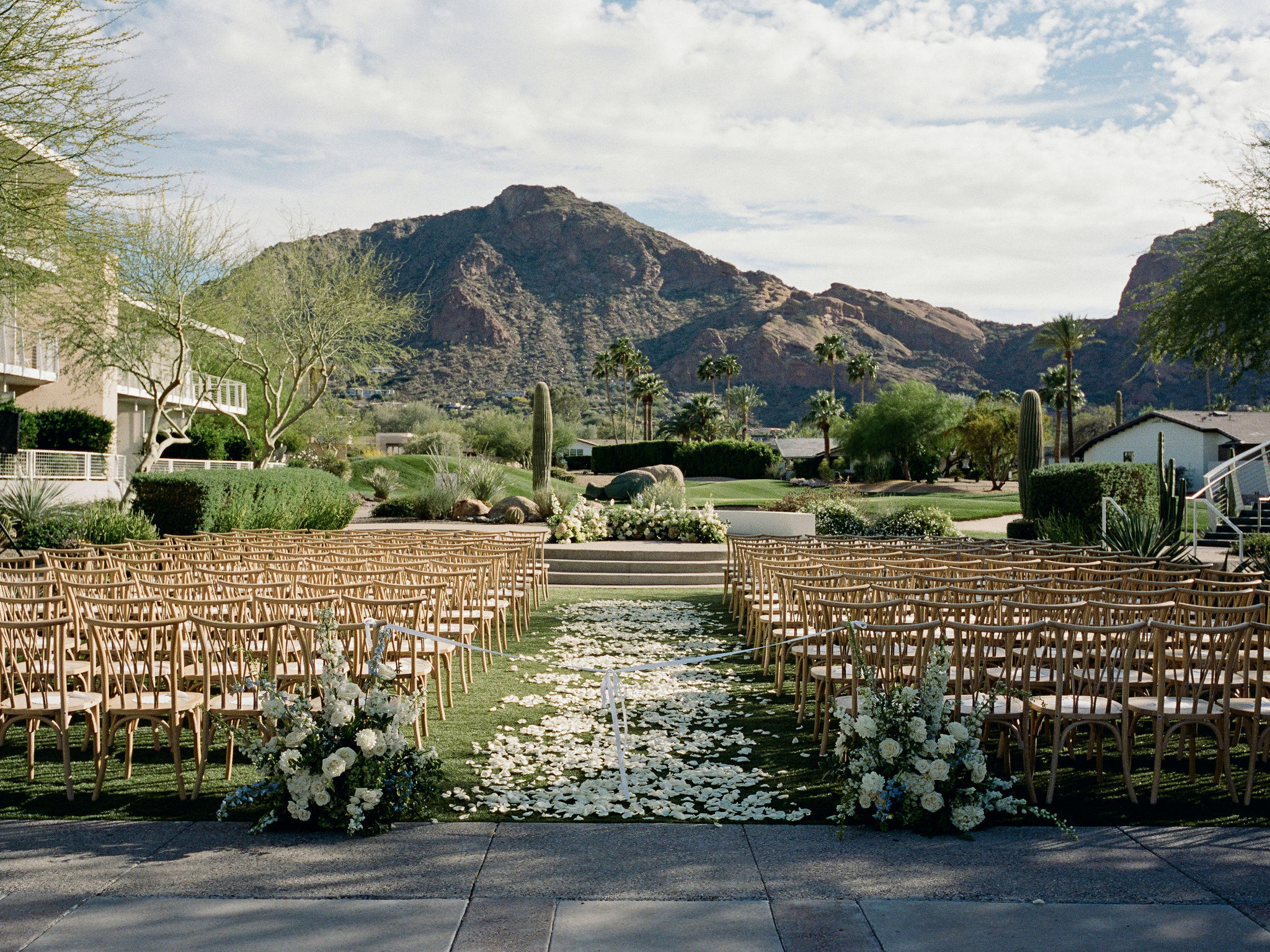 The petal-covered ceremony aisle facing the mountain landscape.
