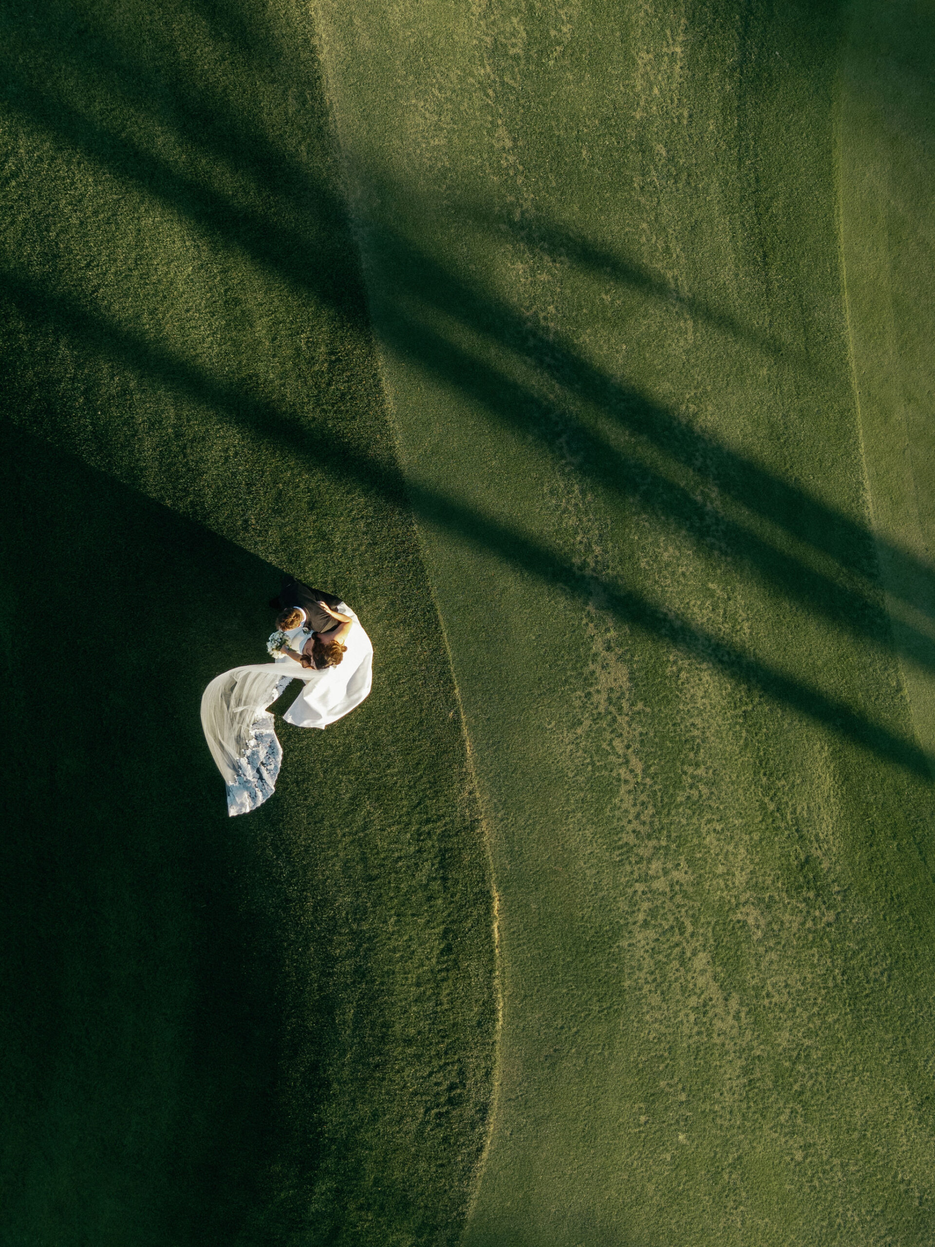 Taylor and Ryan viewed from above among long palm shadows on the lawn.